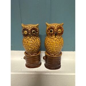 Vintage Ceramic winking Owl Salt Pepper Shakers Japan MCM Brown Glaze